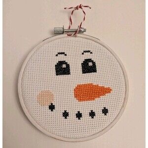 New Handmade Finished Cross Stitch Christmas Snowman Ornament With Hoop